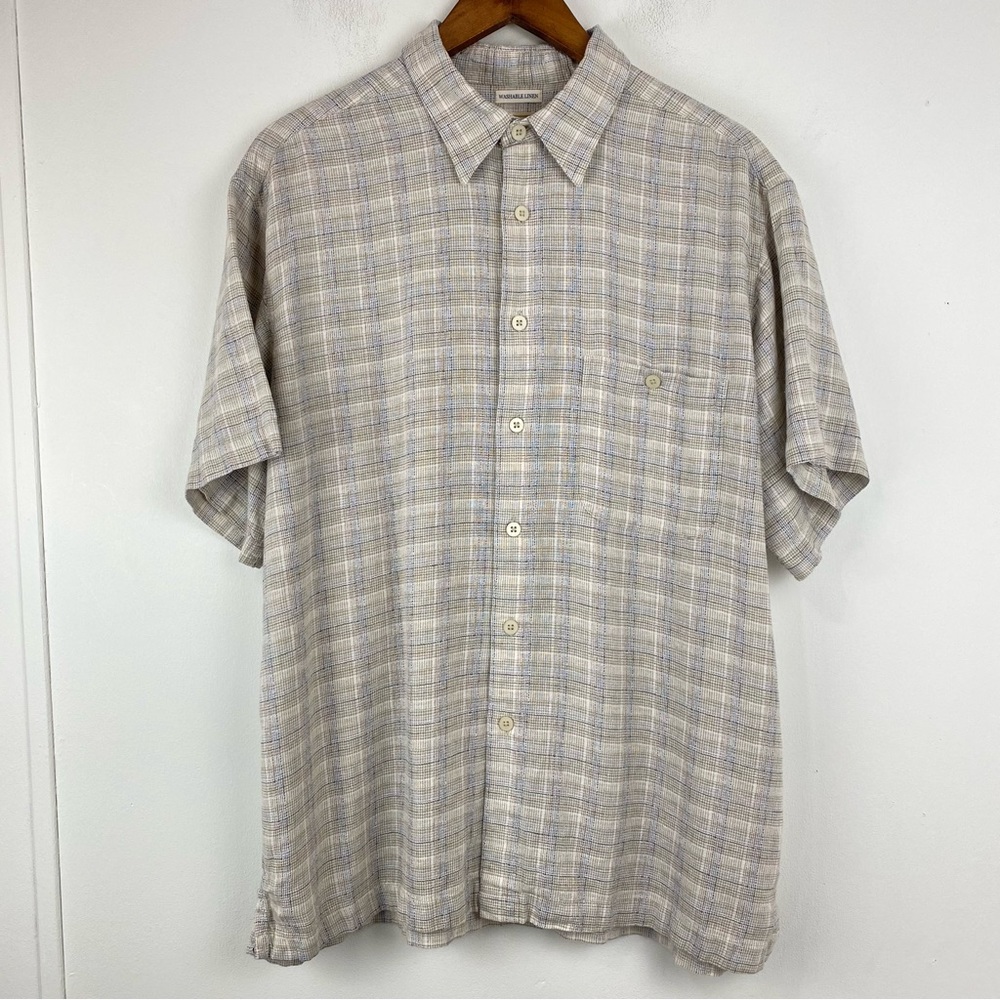 Saddlebred size XL Men’s Beige Gray Plaid Washable Linen Blend Button Up Shirt